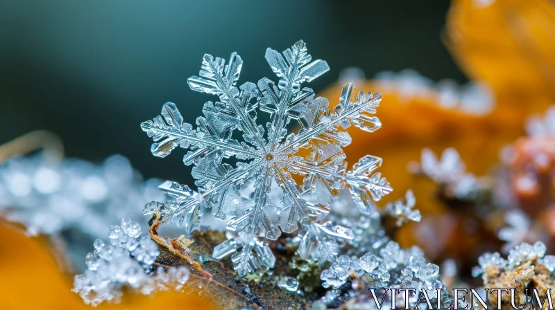 Delicate Snowflake on Leaf - Winter Close-up AI Image