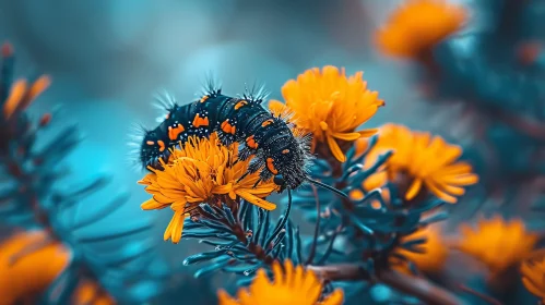 Detailed Macro Image of Black and Orange Caterpillar on Yellow Flower