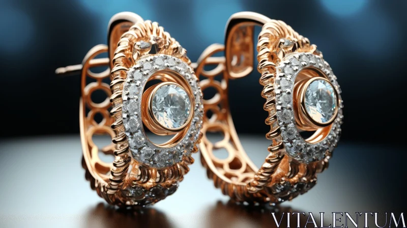 AI ART Exquisite Rose Gold Diamond Earrings on Dark Blue Background