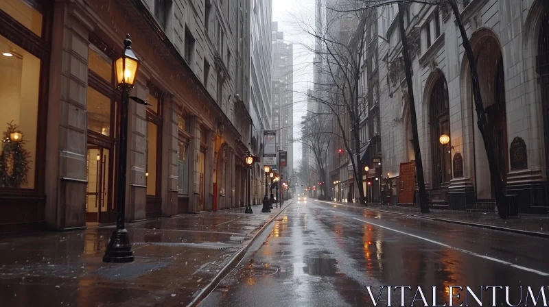 Gloomy Wet City Street with Tall Buildings and Rain AI Image