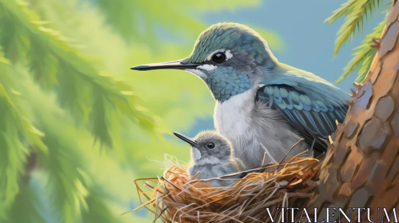 Hummingbird and Chick Nesting in Nature AI Image