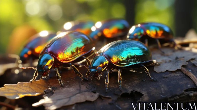 AI ART Iridescent Beetles Close-Up on Brown Leaf