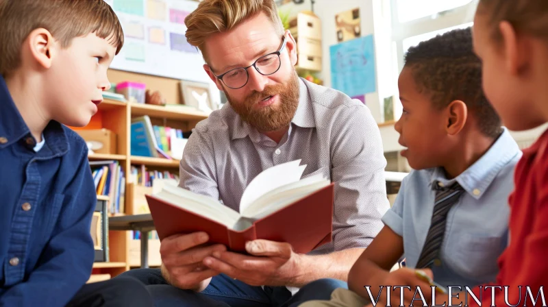 Male Teacher Reading to Children in Classroom - Educational Scene AI Image