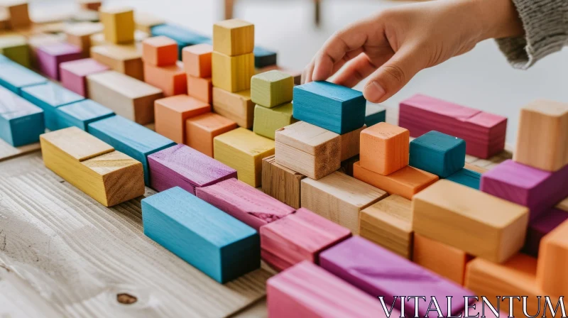 Playful Child Stacking Colorful Wooden Blocks | Captivating Imagery AI Image