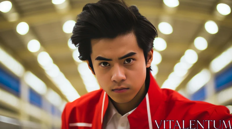 Serious Young Asian Man Portrait in Red Jacket AI Image