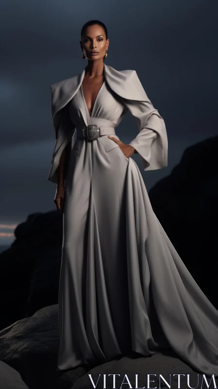 Stunning Woman in Silver Jumpsuit on Rock AI Image