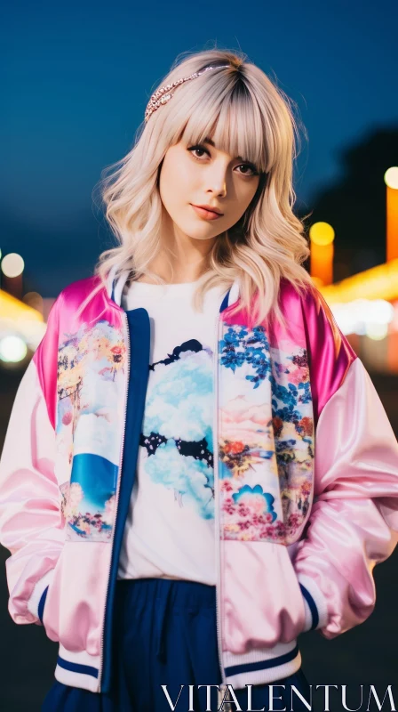 Stylish Young Woman in Pink Satin Bomber Jacket at Night AI Image