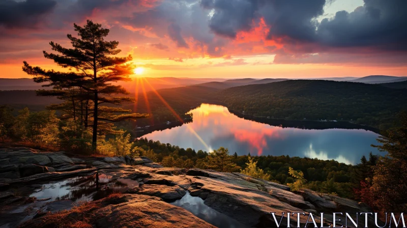 Tranquil Sunset Landscape: Lake and Mountains AI Image