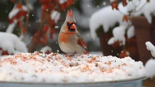 Winter Beauty: Northern Cardinal on Snowy Bird Feeder