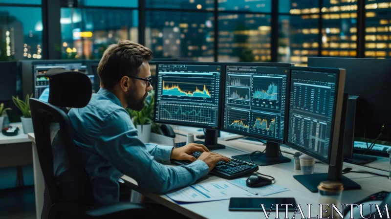 Dark Office: Male Stock Trader at Desk with Computer Monitors AI Image