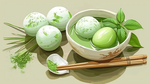 Delicious Matcha Green Tea and Mochi Painting