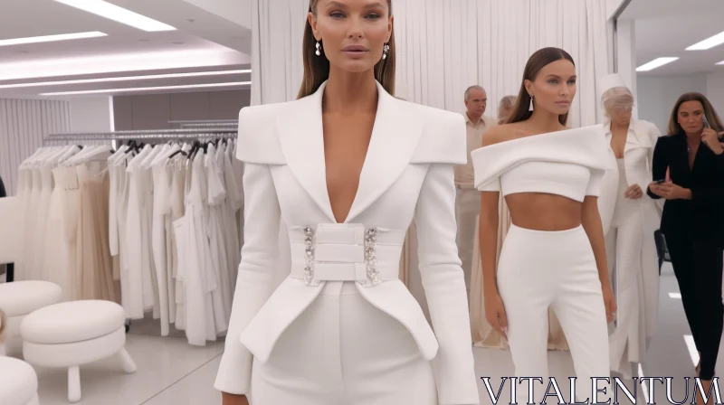 Elegant White Suit Model in Modern Showroom Setting AI Image