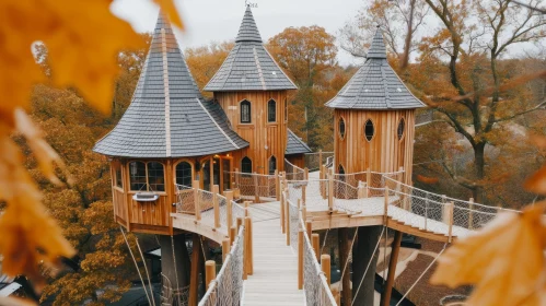 Enchanting Treehouse Castle with Walkway and Autumn Leaves