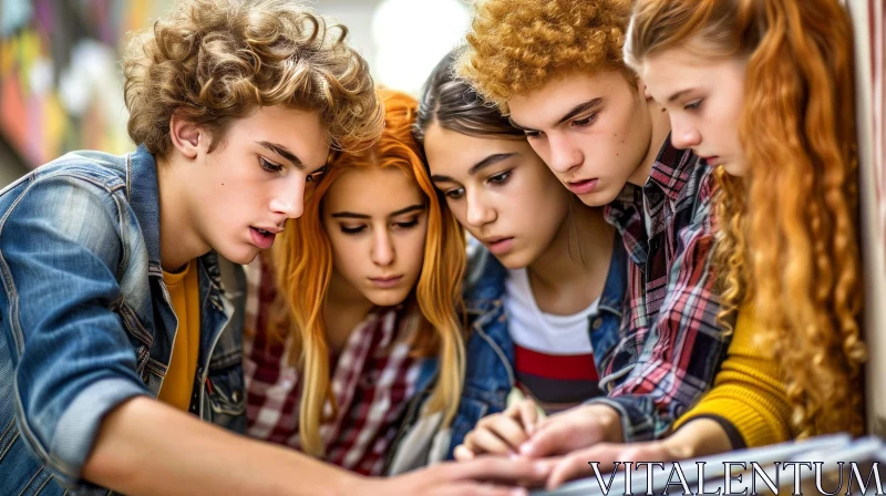 Engaged Teenagers Looking at Smartphone in School Hallway AI Image