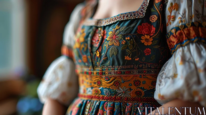 Exquisite Close-Up of a Woman's Traditional Dress with Vibrant Embroidery AI Image
