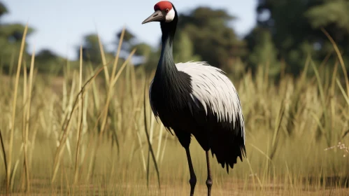 Graceful Black-Crowned Crane in Green Field