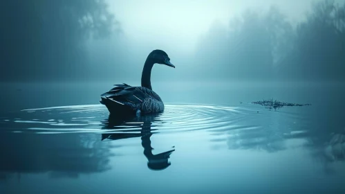 Graceful Black Swan Swimming in Misty Lake