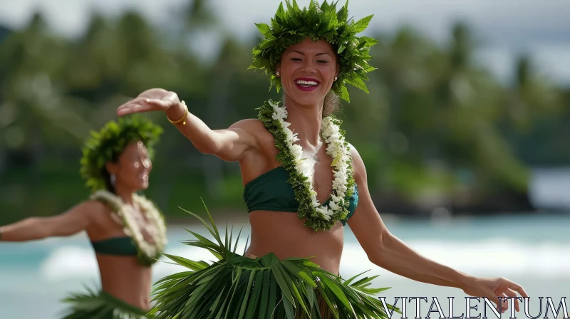 Graceful Hula Dance by a Young Woman in a Green Bikini AI Image