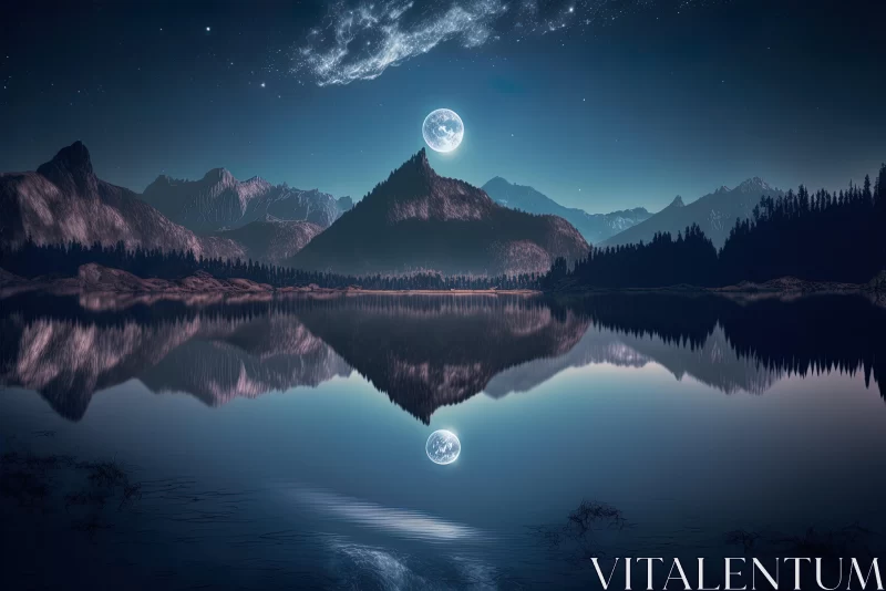 Moonlit Mountain Reflections: Surrealistic Fantasy Landscapes AI Image