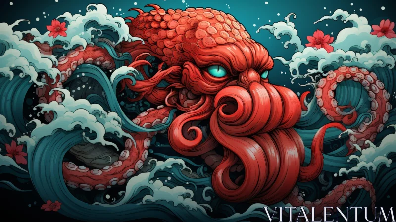 Octopus in Traditional Japanese Style Digital Painting AI Image