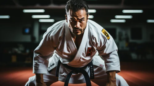 Powerful Karate Fighter in White Gi with Black Belt