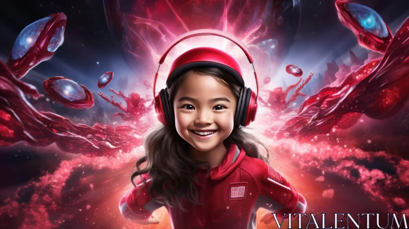 Red Spacesuit Girl with Headphones in Abstract Background AI Image