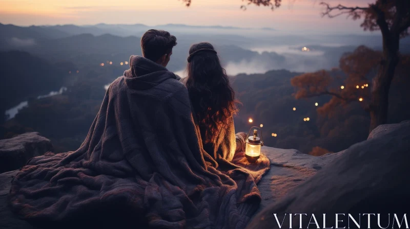 Romantic Sunset Mountain View with Love Couple AI Image