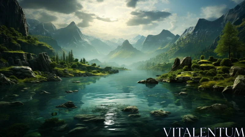 Serene Mountain Lake Landscape AI Image
