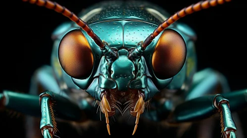 Shiny Green Metallic Bug with Orange Eyes Close-up
