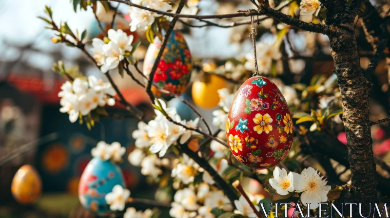 Tree Branch with White Blossoms and Colorful Easter Eggs AI Image