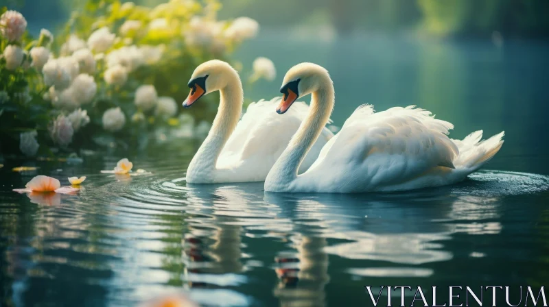 White Swans in Serene Lake - Wildlife Photography AI Image