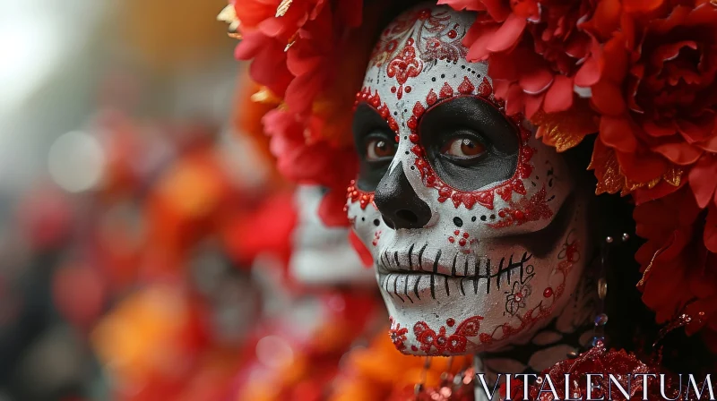 Young Woman with Painted Face in Traditional Mexican Sugar Skull Style AI Image