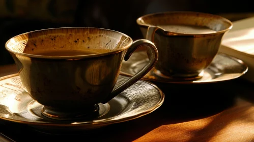 Brown Ceramic Teacups on Wooden Table - Still Life Composition