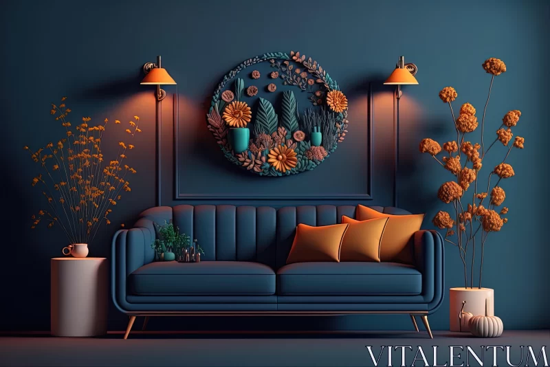 AI ART Captivating Blue Living Room with Blue Couch and Orange Flowers