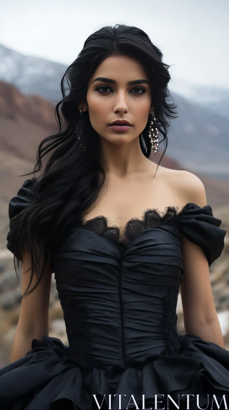 Elegant Woman in Black Dress Standing in Mountainous Landscape AI Image