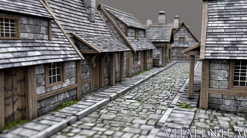 Enchanting Medieval Street: 3D Rendering of a Picturesque Cobblestone Path AI Image