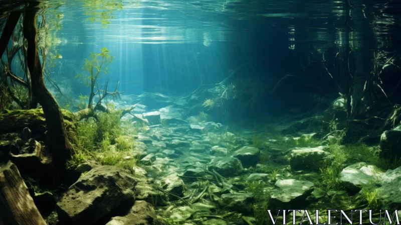 Enchanting Underwater Scene with Sun Rays and Rocks AI Image