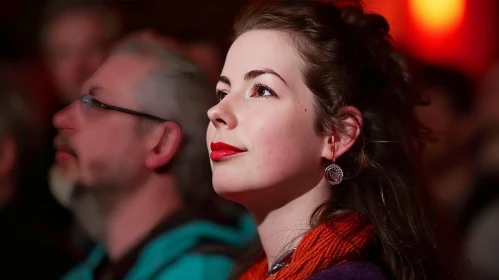 Enigmatic Woman in Dimly Lit Room with Red Lipstick and Red Scarf