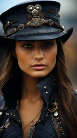 Fashion Portrait: Young Woman in Black Leather Hat and Jacket
