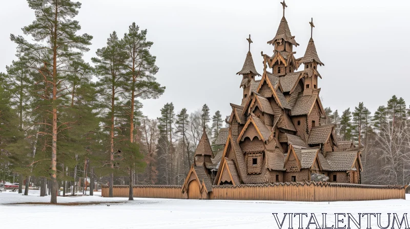AI ART Intricate Carvings and Serene Forest: A Beautiful Wooden Church