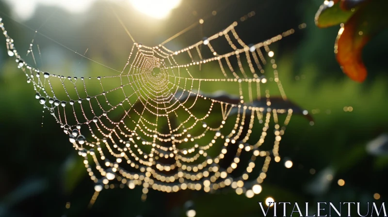 Intricate Spider Web with Dew Drops in Sunlight AI Image