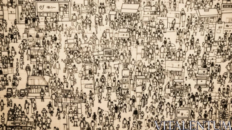 Lively Pen Drawing of a Busy Street Scene AI Image