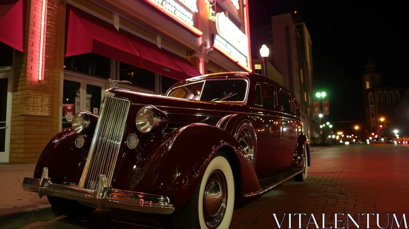 Maroon Vintage Car on Brick Street - City Lights Background AI Image