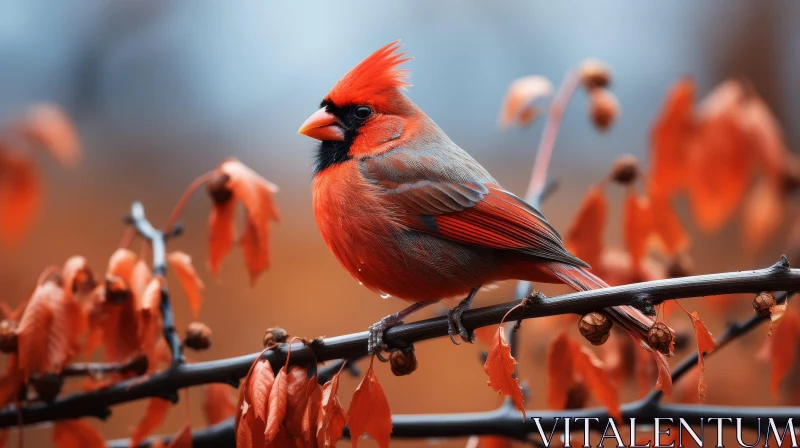 Northern Cardinal Perched on Branch with Red Leaves AI Image