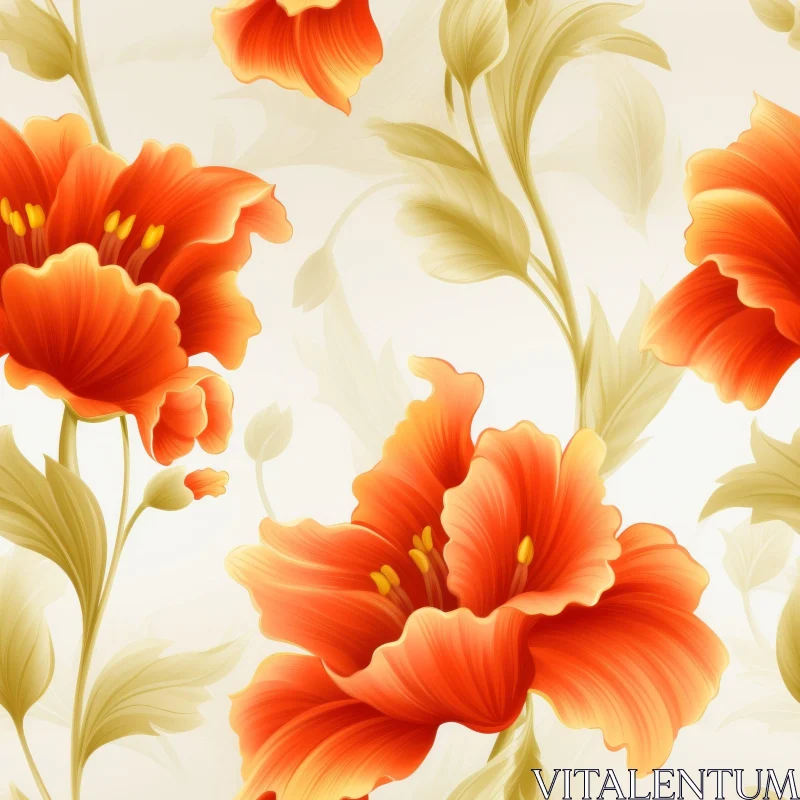 Orange Hibiscus Floral Pattern on Beige Background AI Image