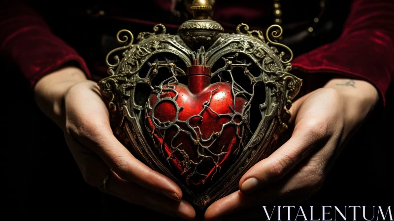 AI ART Person Holding Metal Heart-Shaped Locket with Red Gem