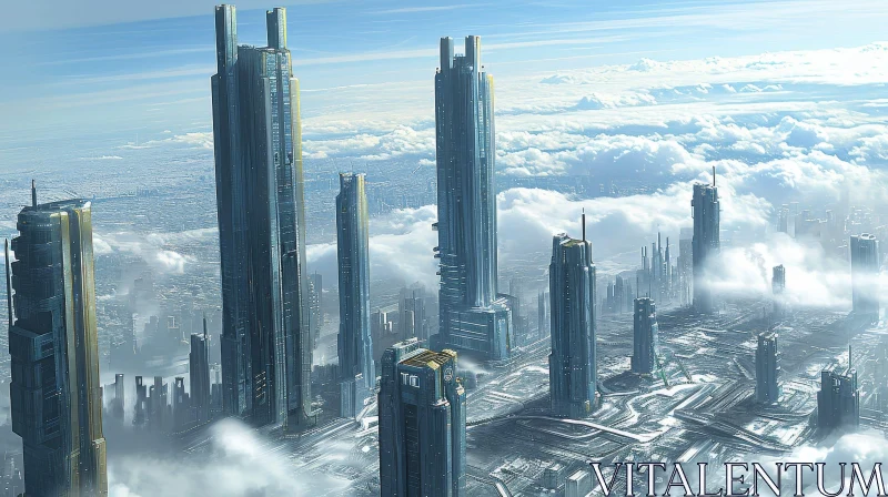 Snowy Futuristic Cityscape with Glass Buildings AI Image