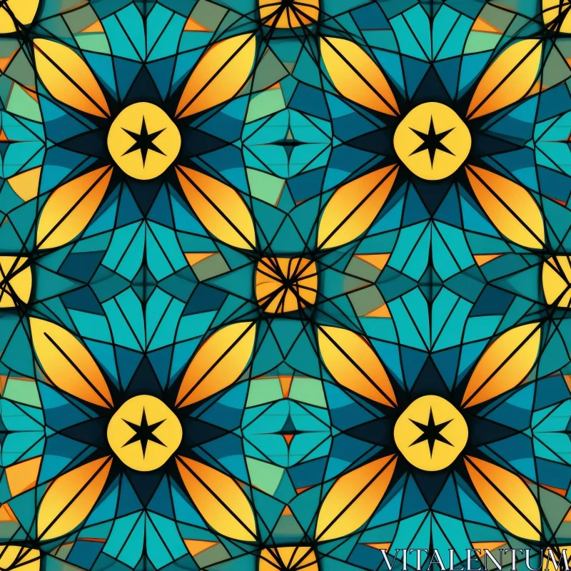 AI ART Symmetrical Stained Glass Pattern with Four-Pointed Stars