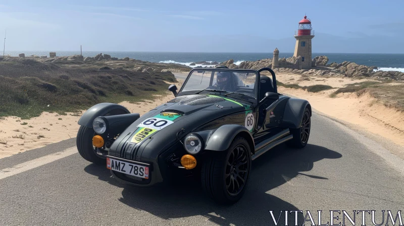 AI ART Unique Three-Wheeled Car Near Ocean with Lighthouse Background