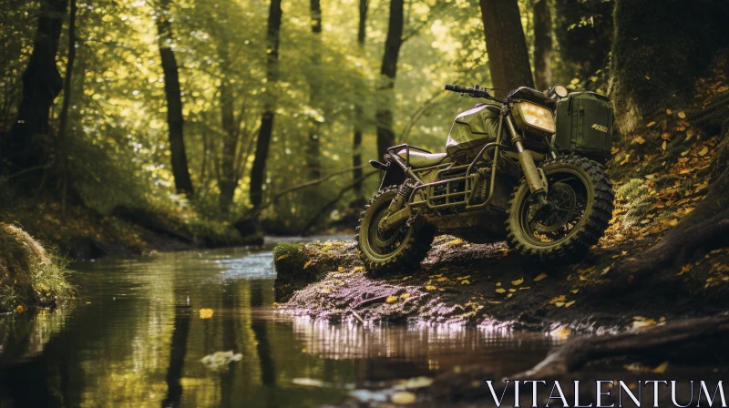 Vintage Dirt Bike in Forest by Stream | Retro Sci-Fi Style AI Image